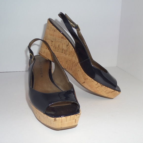 navy slingback wedges